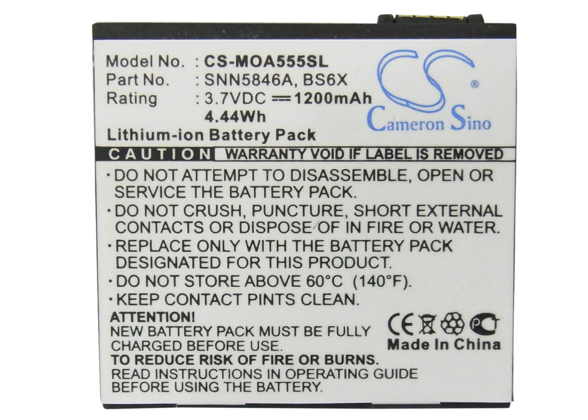 3.7V, 1200mAh, Li-ion Battery fits Motorola, Calgary, Devour A555, 4.44Wh