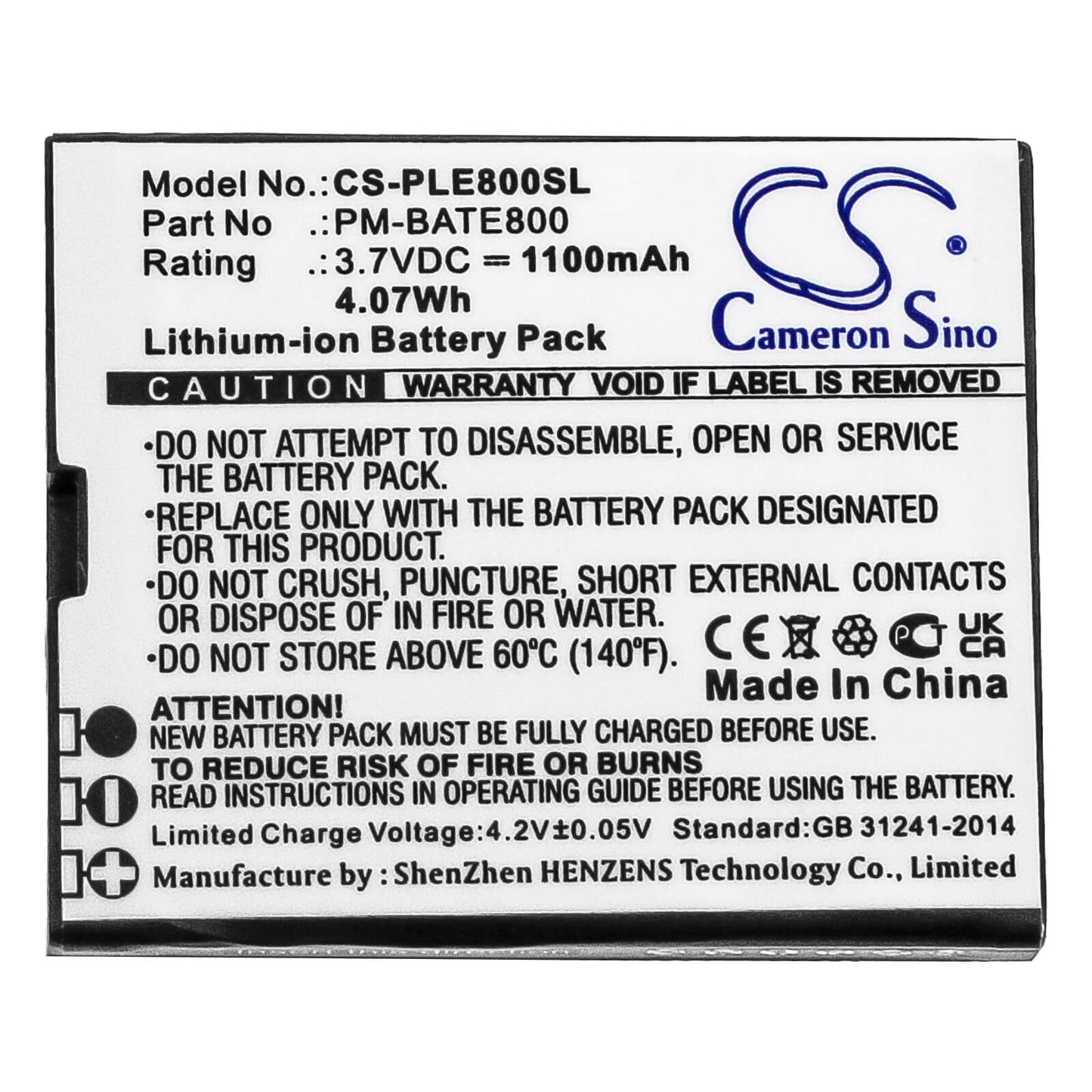 3.7V, 1100mAh, Li-ion Battery fits Plum, E800, 4.07Wh