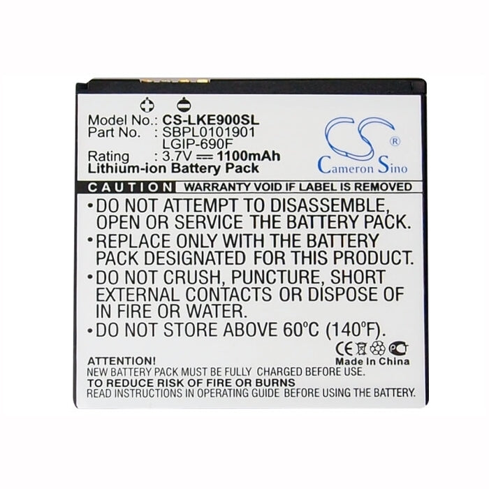 3.7V, 1100mAh, Li-ion Battery fits Lg, C900, C900k, 4.07Wh