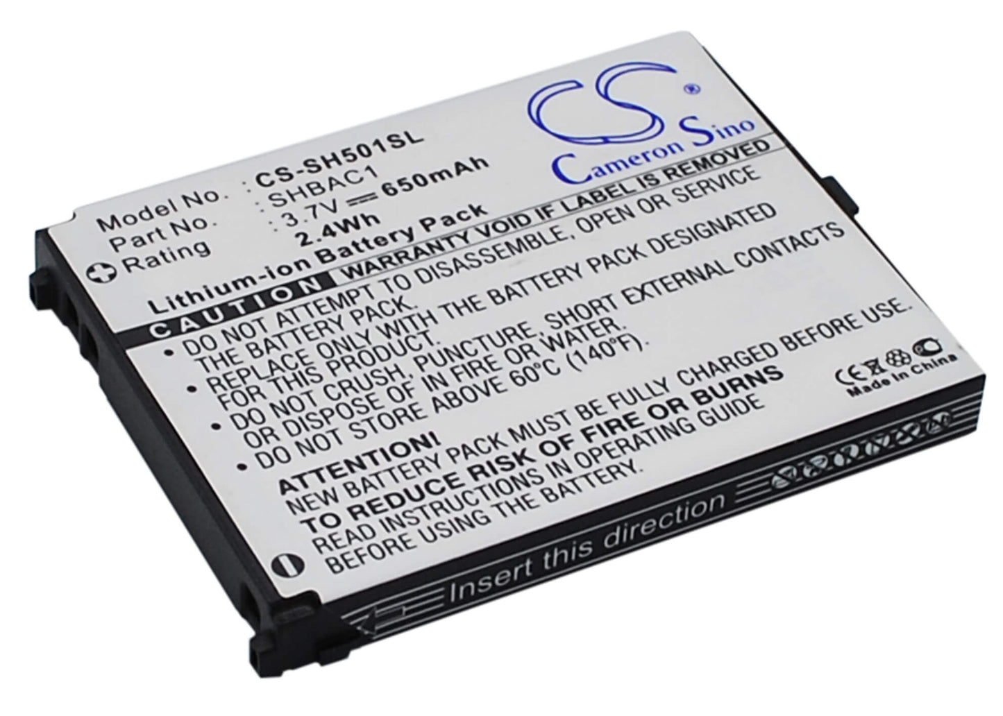 3.7V, 650mAh, Li-ion Battery fits Sharp, Sh501, V501sh, 2.405Wh