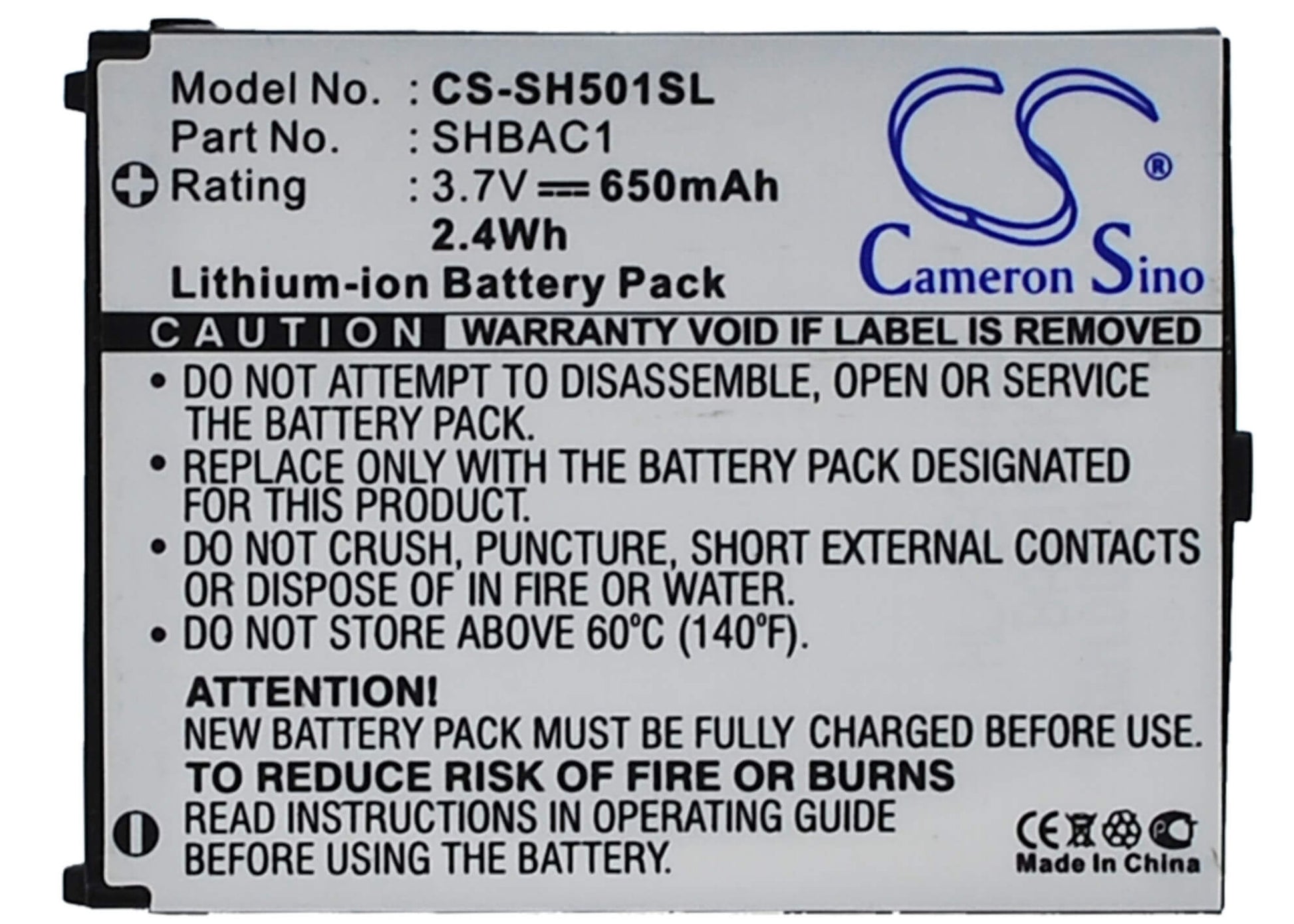 3.7V, 650mAh, Li-ion Battery fits Sharp, Sh501, V501sh, 2.405Wh