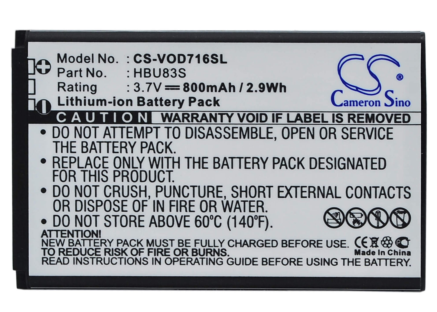 3.7V, 800mAh, Li-ion Battery fits Vodafone, 715, 716, 2.96Wh