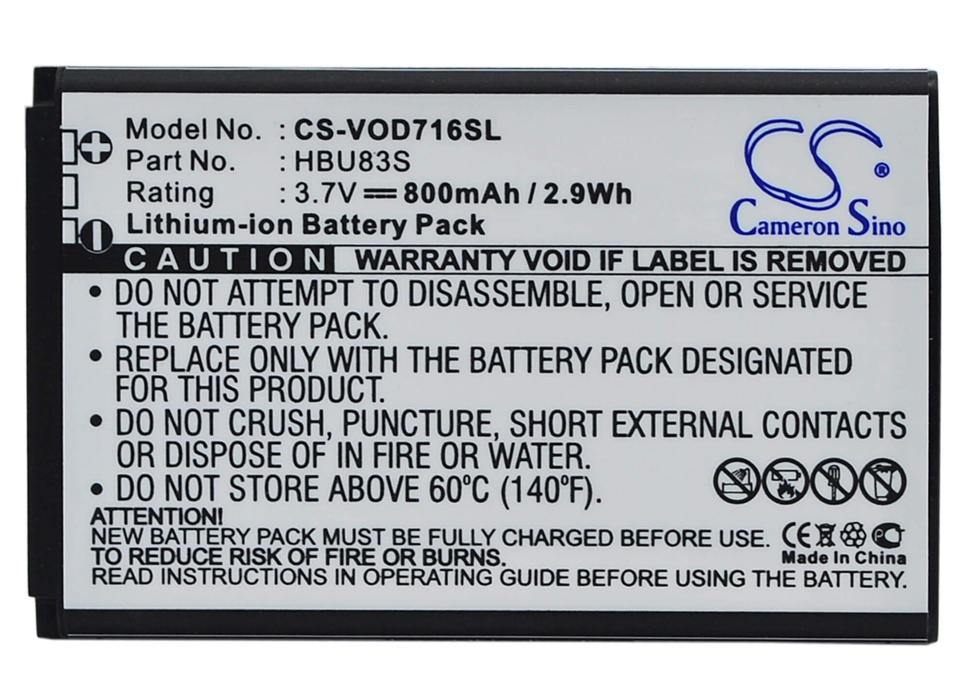 3.7V, 800mAh, Li-ion Battery fits Vodafone, 715, 716, 2.96Wh