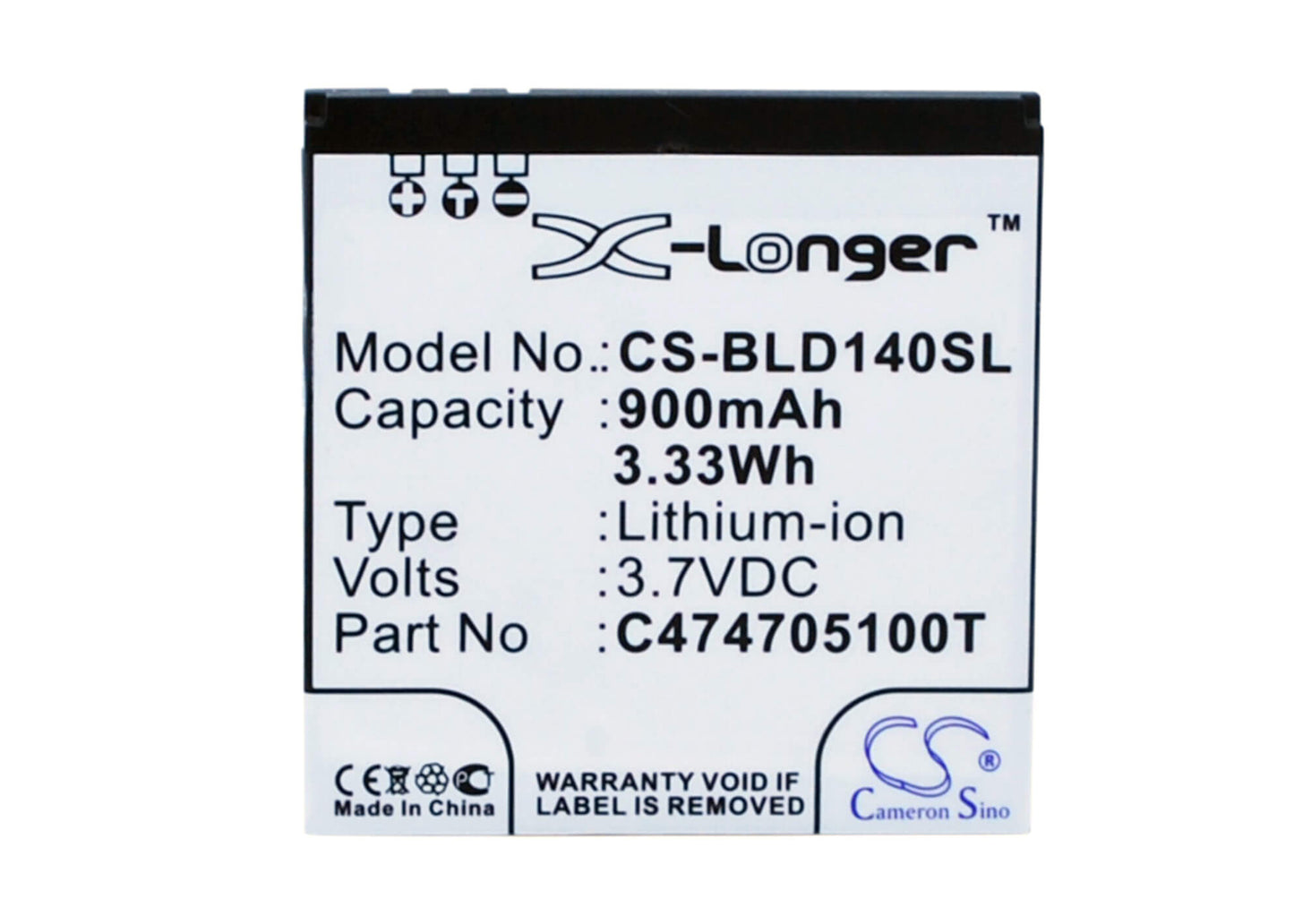 3.7V, 900mAh, Li-ion Battery fits Blu, D140, D141s, 3.33Wh