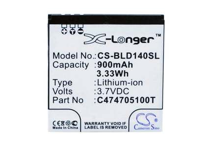 3.7V, 900mAh, Li-ion Battery fits Blu, D140, D141s, 3.33Wh