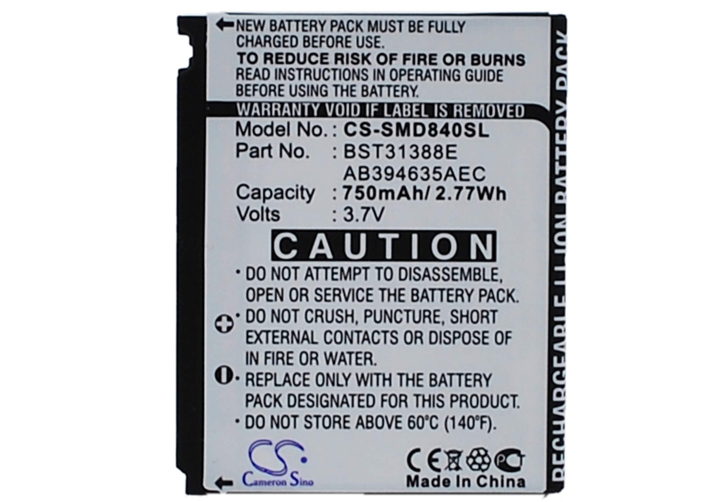 3.7V, 750mAh, Li-ion Battery fits Samsung, M359, Sgh-d840, 2.775Wh