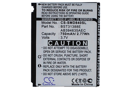 3.7V, 750mAh, Li-ion Battery fits Samsung, M359, Sgh-d840, 2.775Wh