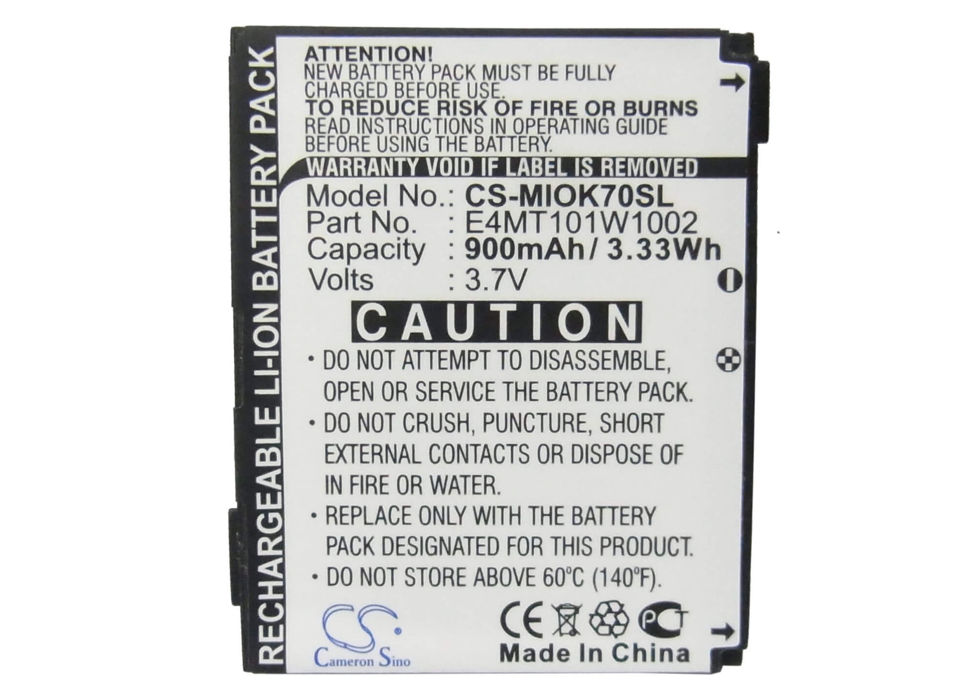 3.7V, 900mAh, Li-ion Battery fits Mitac, Mio Explora K70, Mio Explora K75, 3.33Wh