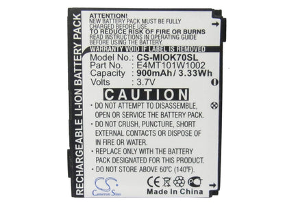 3.7V, 900mAh, Li-ion Battery fits Mitac, Mio Explora K70, Mio Explora K75, 3.33Wh