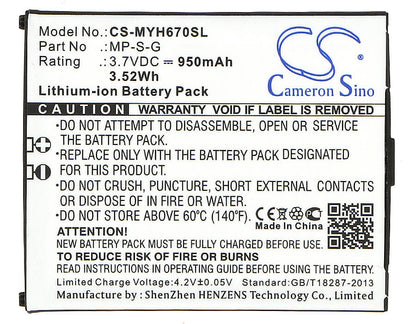 3.7V, 950mAh, Li-ion Battery fits Myphone, 6670 City, 3.515Wh