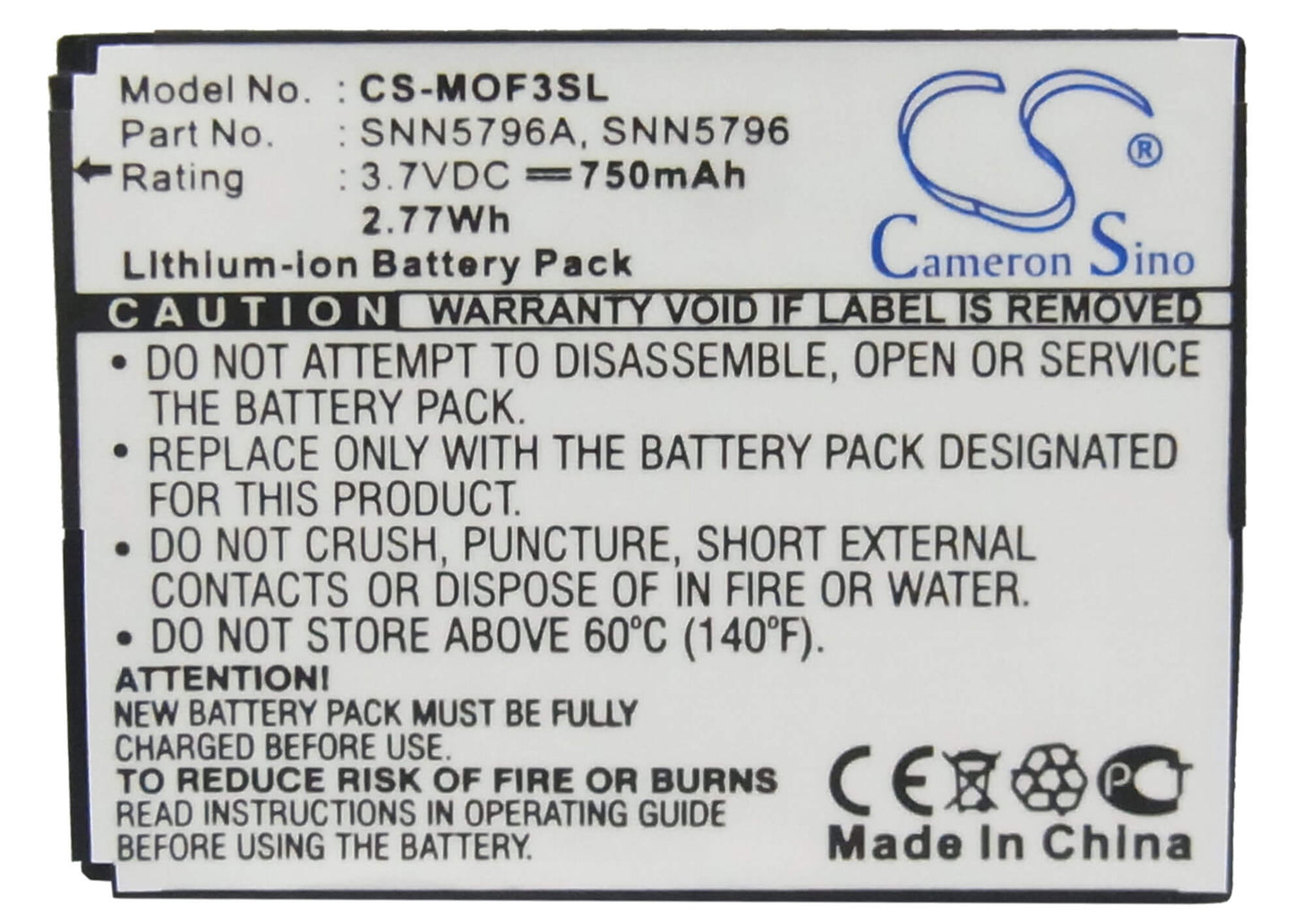 3.7V, 750mAh, Li-ion Battery fits Motorola, Em25, Em325, 2.775Wh
