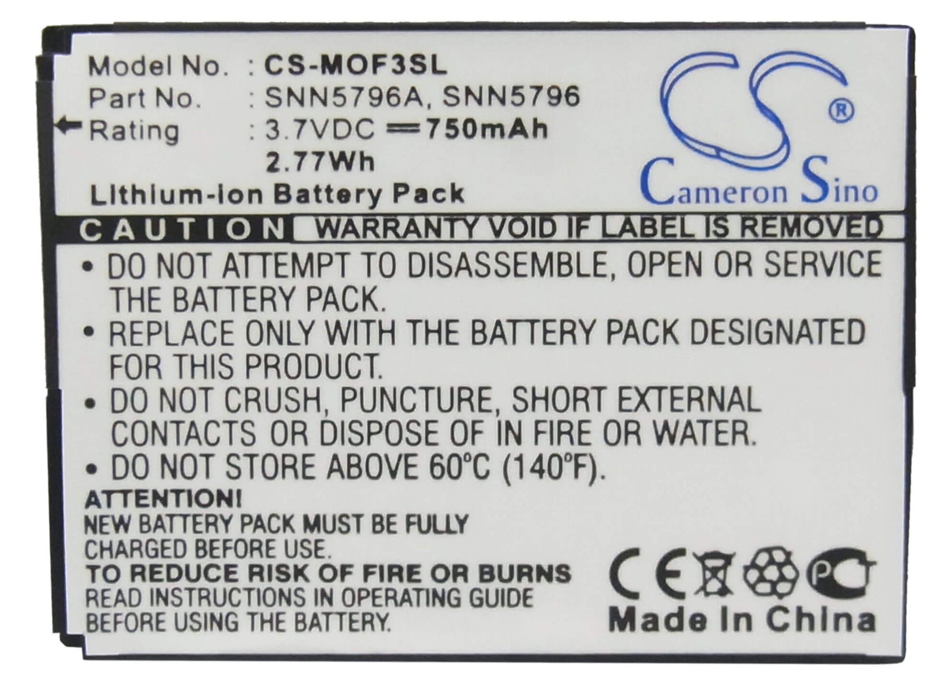 3.7V, 750mAh, Li-ion Battery fits Motorola, Em25, Em325, 2.775Wh