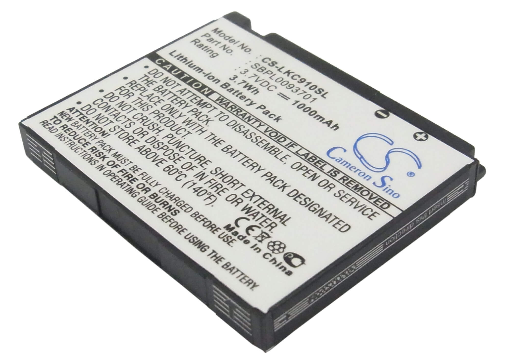 3.7V, 1000mAh, Li-ion Battery fits Lg, Kc910, 3.7Wh