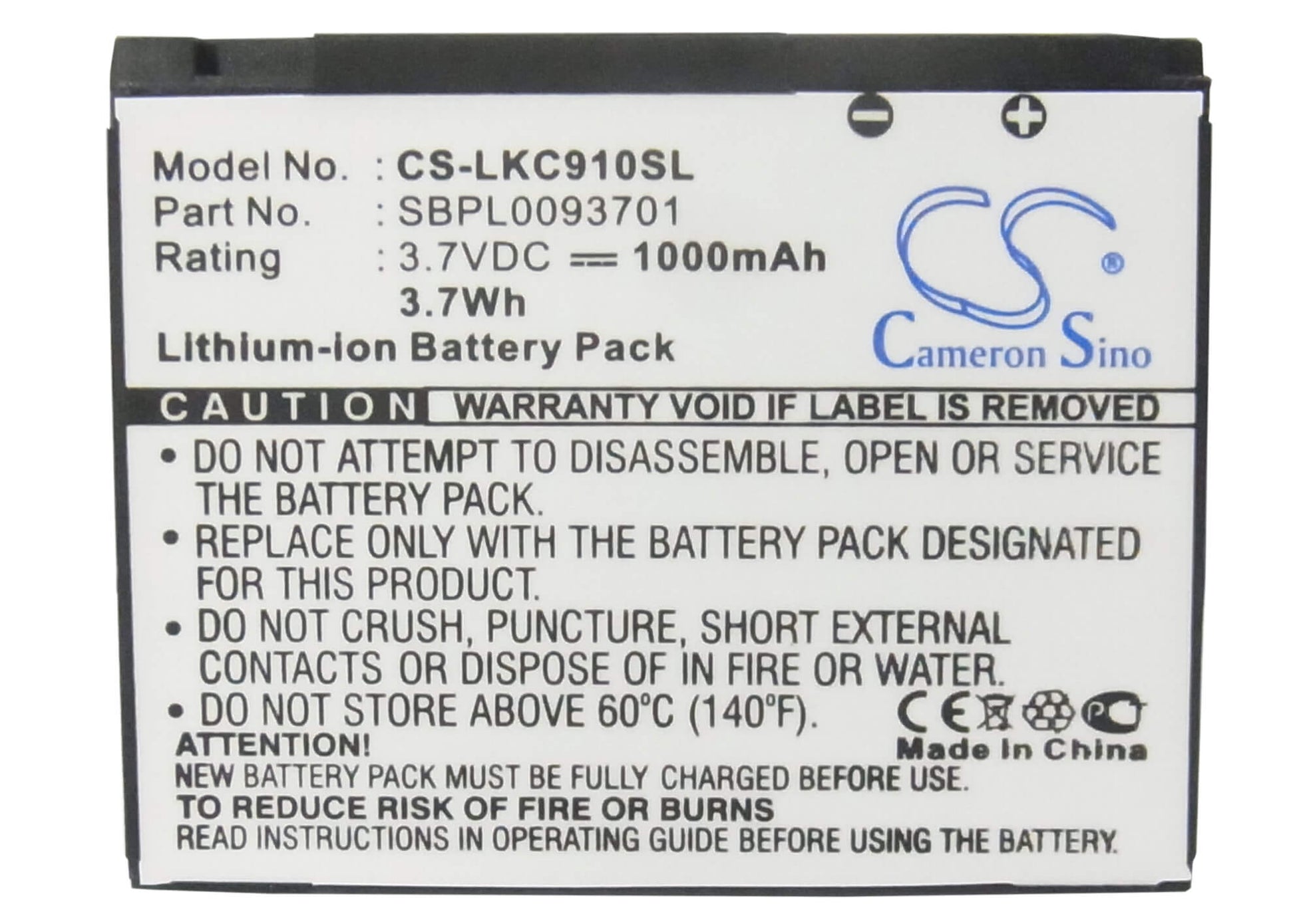 3.7V, 1000mAh, Li-ion Battery fits Lg, Kc910, 3.7Wh