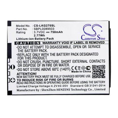 3.7V, 750mAh, Li-ion Battery fits Lg, Kg270, Kg275, 2.775Wh