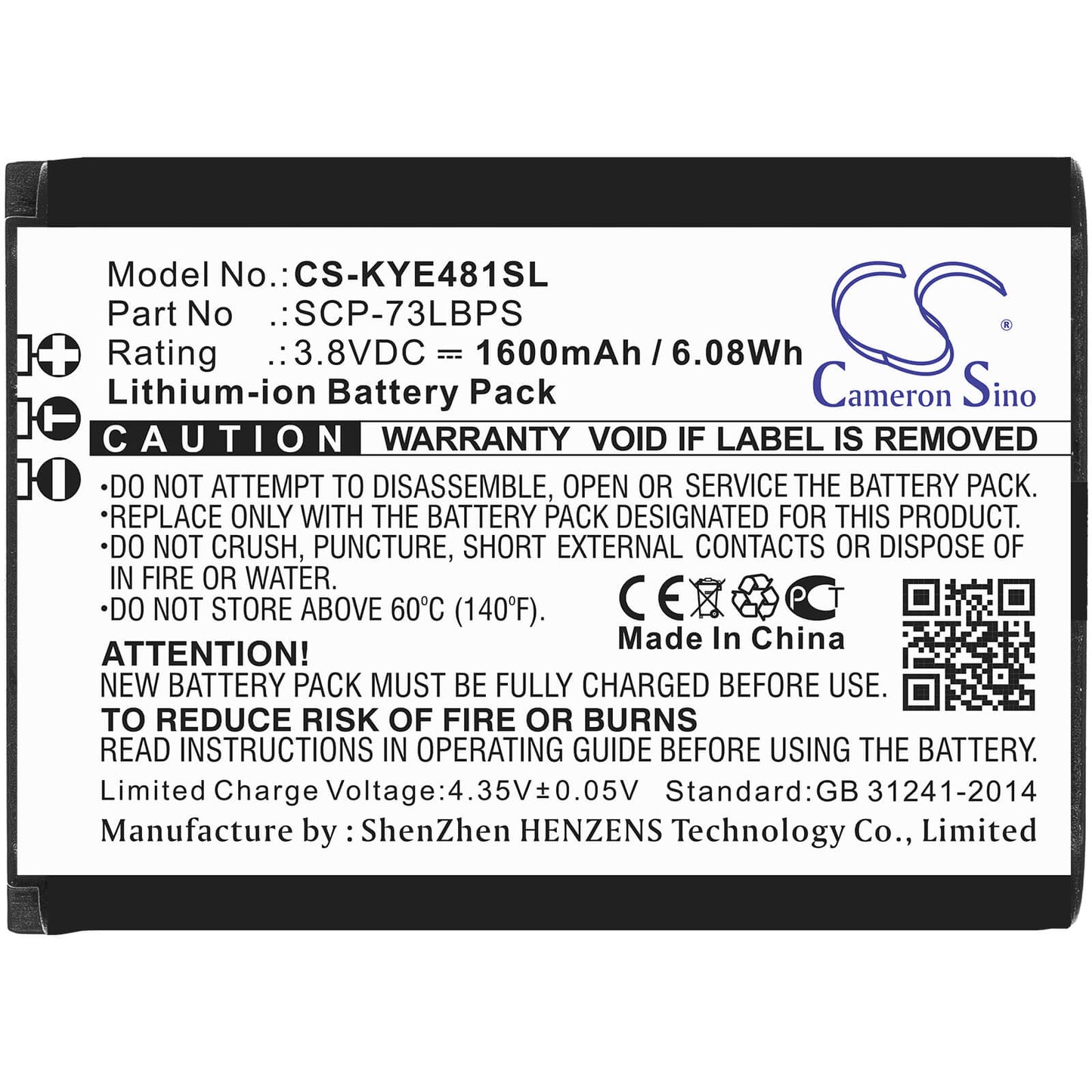 3.8V, 1600mAh, Li-ion Battery fits Kyocera, Duraxe Epic, Duraxv Extreme, 6.08Wh