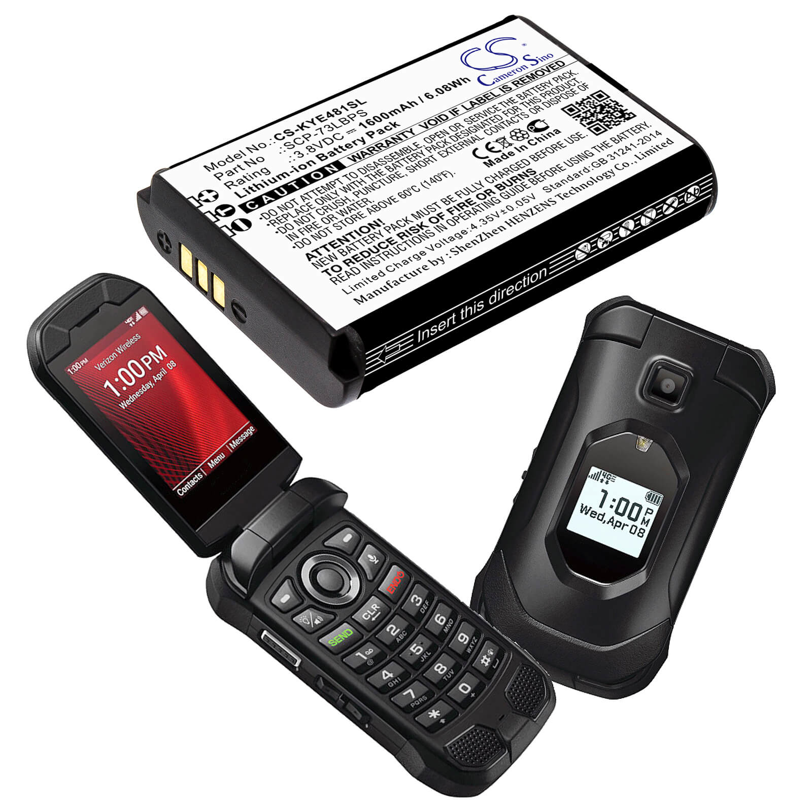 3.8V, 1600mAh, Li-ion Battery fits Kyocera, Duraxe Epic, Duraxv Extreme, 6.08Wh