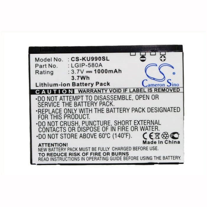 3.7V, 1000mAh, Li-ion Battery fits Lg, Cu915, Cu915vu, 3.7Wh