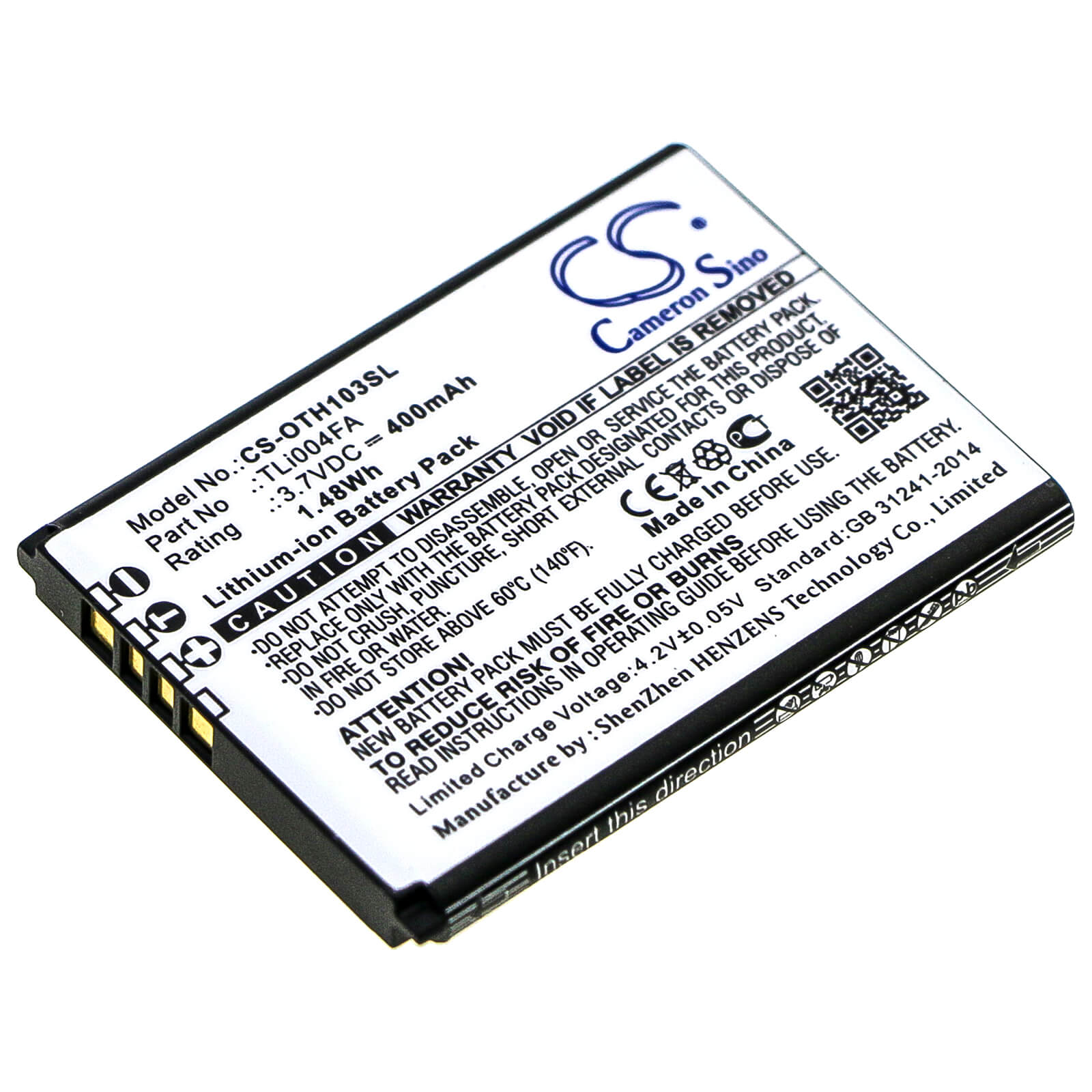 3.7V, 400mAh, Li-ion Battery fits Alcatel, Onetouch 1013x, Onetouch 1035d, 1.48Wh