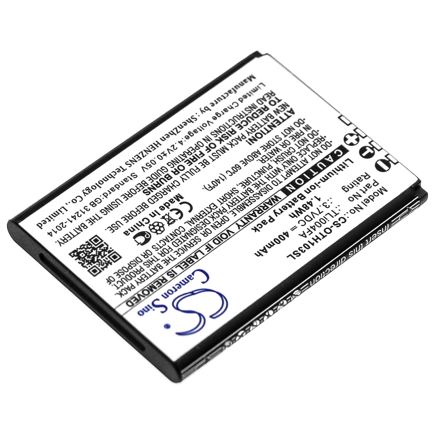 3.7V, 400mAh, Li-ion Battery fits Alcatel, Onetouch 1013x, Onetouch 1035d, 1.48Wh
