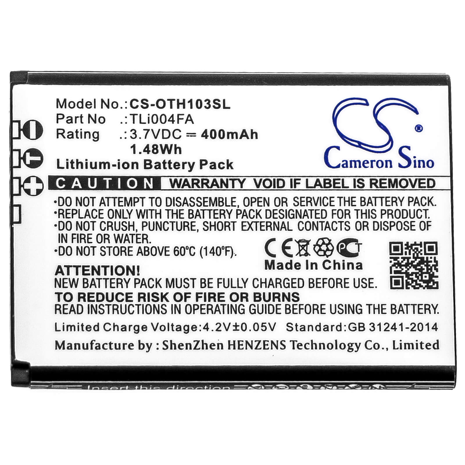 3.7V, 400mAh, Li-ion Battery fits Alcatel, Onetouch 1013x, Onetouch 1035d, 1.48Wh