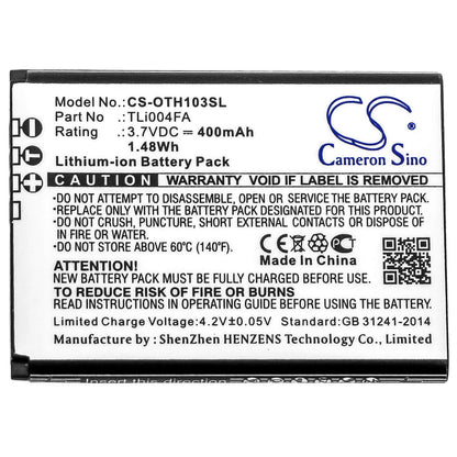 3.7V, 400mAh, Li-ion Battery fits Alcatel, Onetouch 1013x, Onetouch 1035d, 1.48Wh