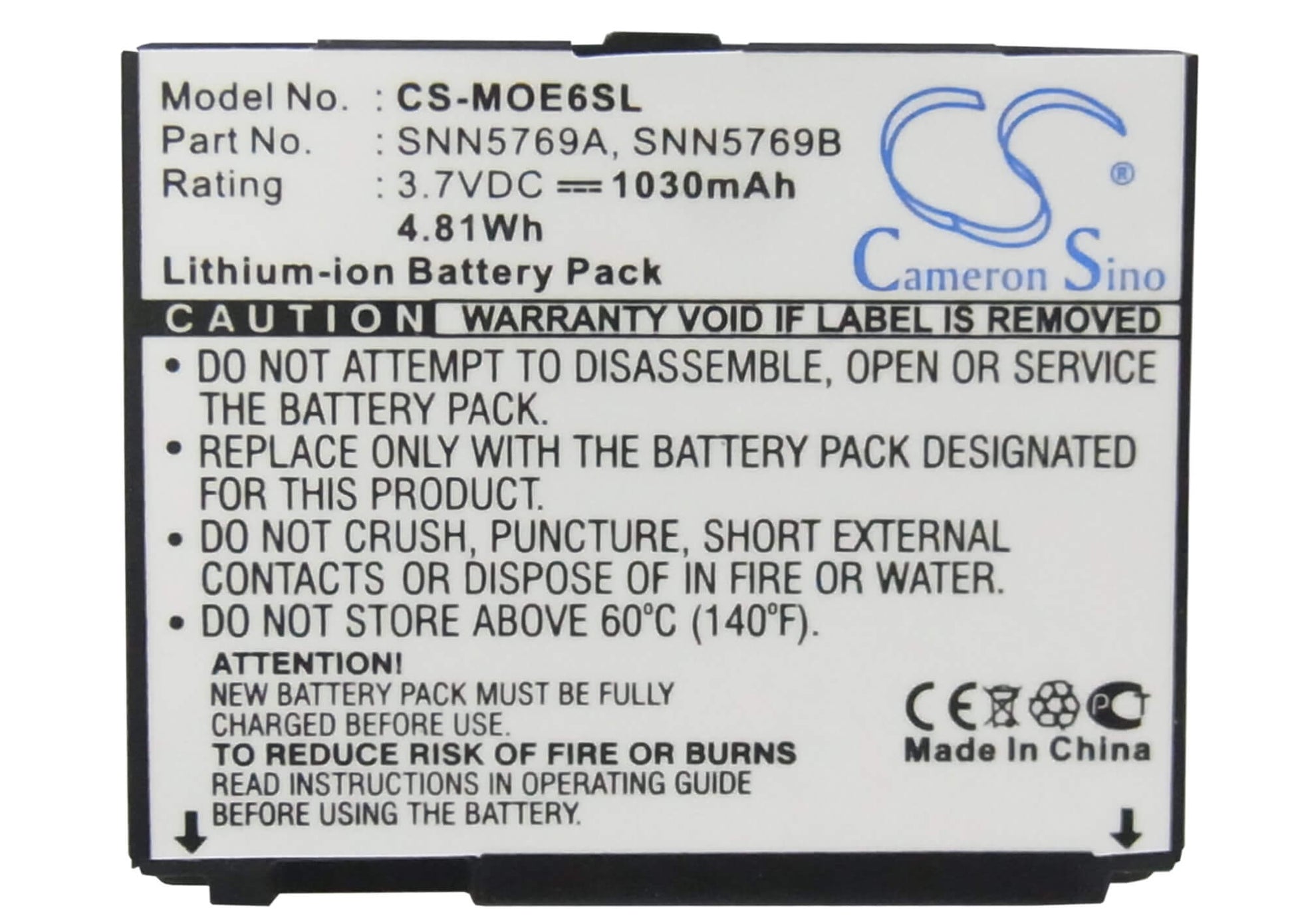 3.7V, 1030mAh, Li-ion Battery fits Motorola, Motorokr E6, 3.811Wh