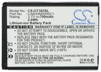 3.7V, 700mAh, Li-ion Battery fits Alcatel, Crystal, One Touch 103, 2.59Wh