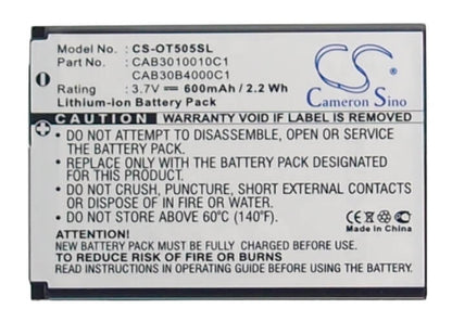 3.7V, 600mAh, Li-ion Battery fits Alcatel, Gyari, One Touch 108, 2.22Wh