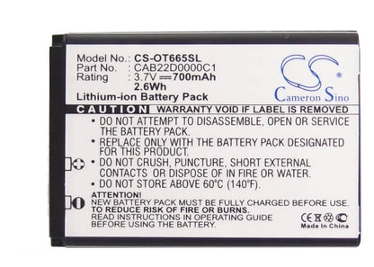 3.7V, 700mAh, Li-ion Battery fits Alcatel, 2010d, One Touch 20.12d, 2.59Wh