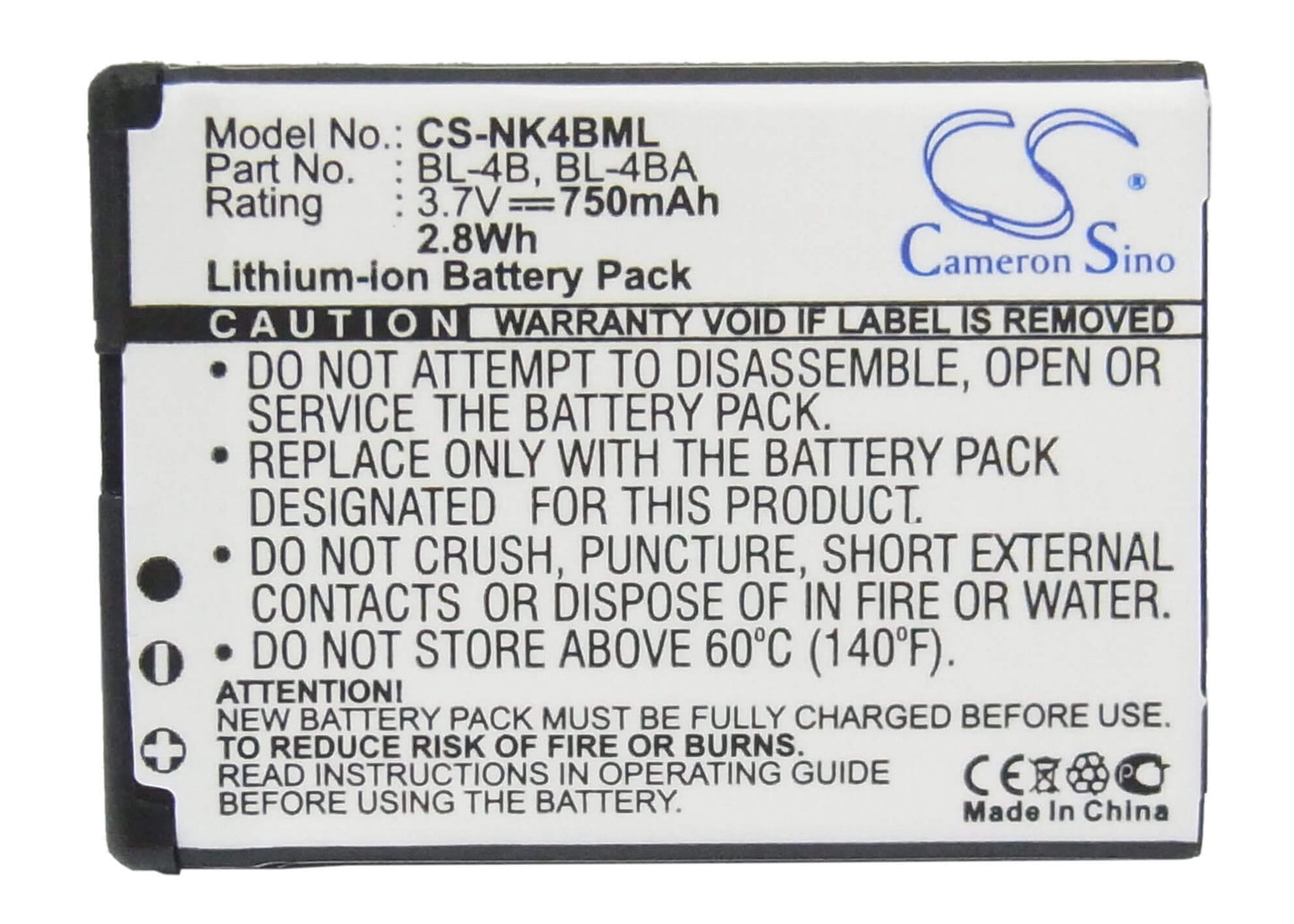 3.7V, 750mAh, Li-ion Battery fits Nokia, 1606, 2505, 2.775Wh