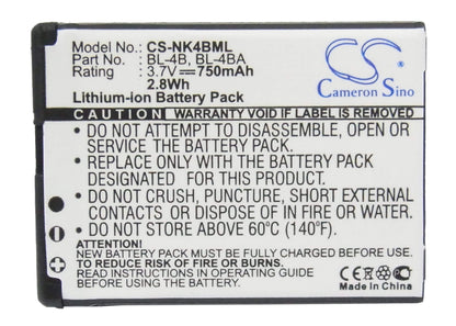3.7V, 750mAh, Li-ion Battery fits Nokia, 1606, 2505, 2.775Wh