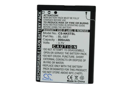 3.7V, 800mAh, Li-ion Battery fits Nokia, 2600 Classic, 7510, 2.96Wh