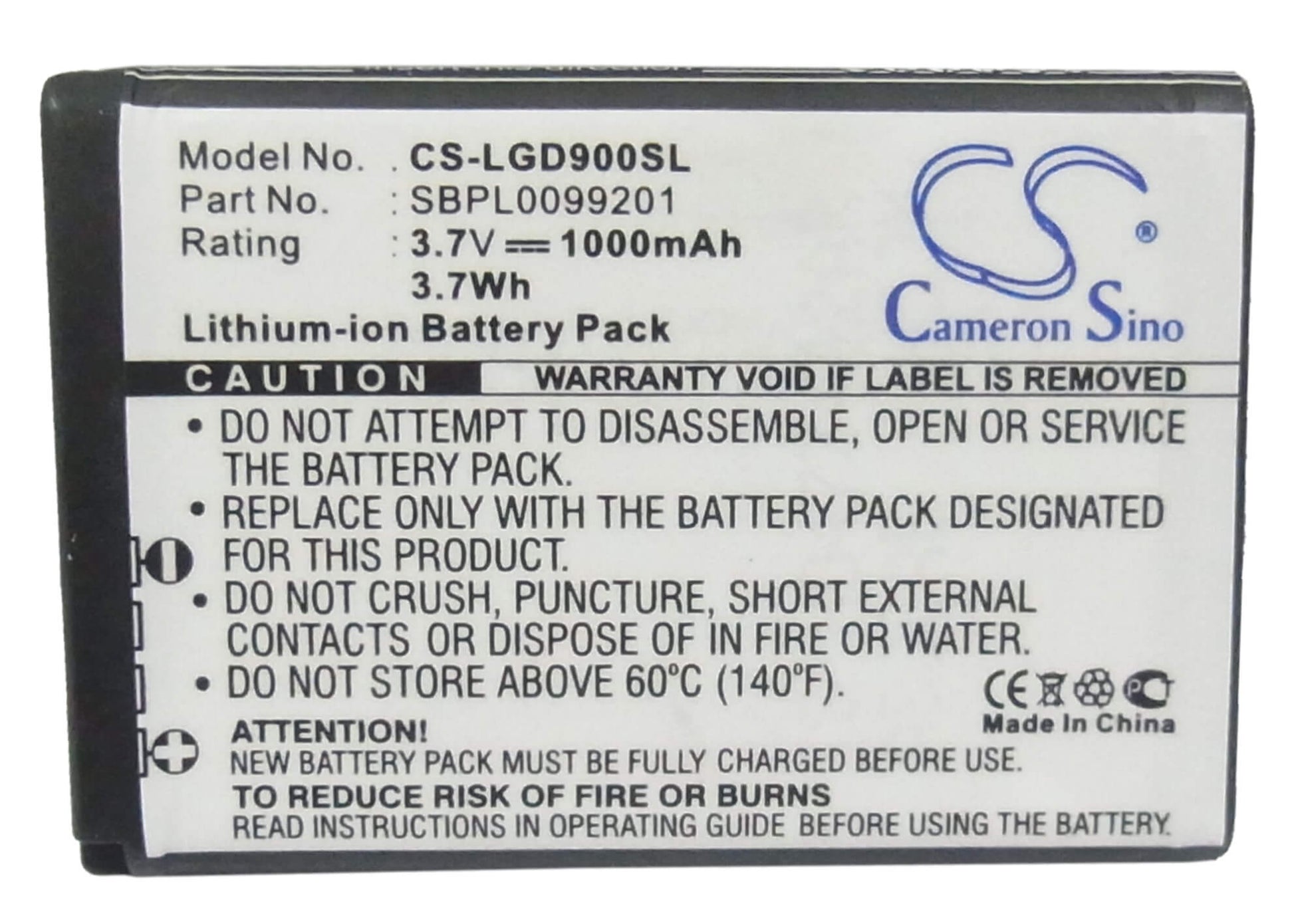 3.7V, 1000mAh, Li-ion Battery fits Lg, Bl40 Chocolate, Gd900, 3.7Wh