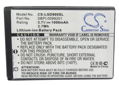 3.7V, 1000mAh, Li-ion Battery fits Lg, Bl40 Chocolate, Gd900, 3.7Wh