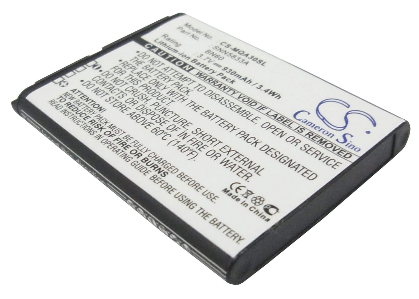 3.7V, 930mAh, Li-ion Battery fits Motorola, Eco A45, Hint Qa30, 3.441Wh