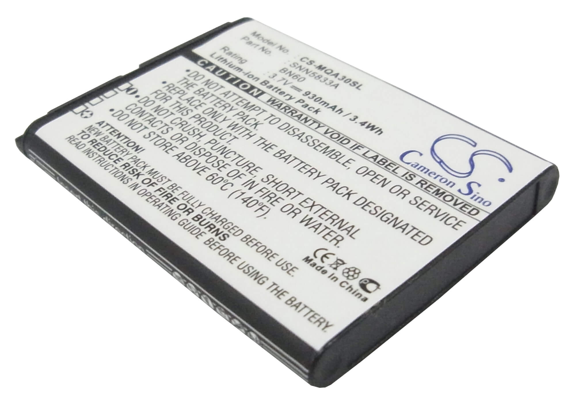 3.7V, 930mAh, Li-ion Battery fits Motorola, Eco A45, Hint Qa30, 3.441Wh