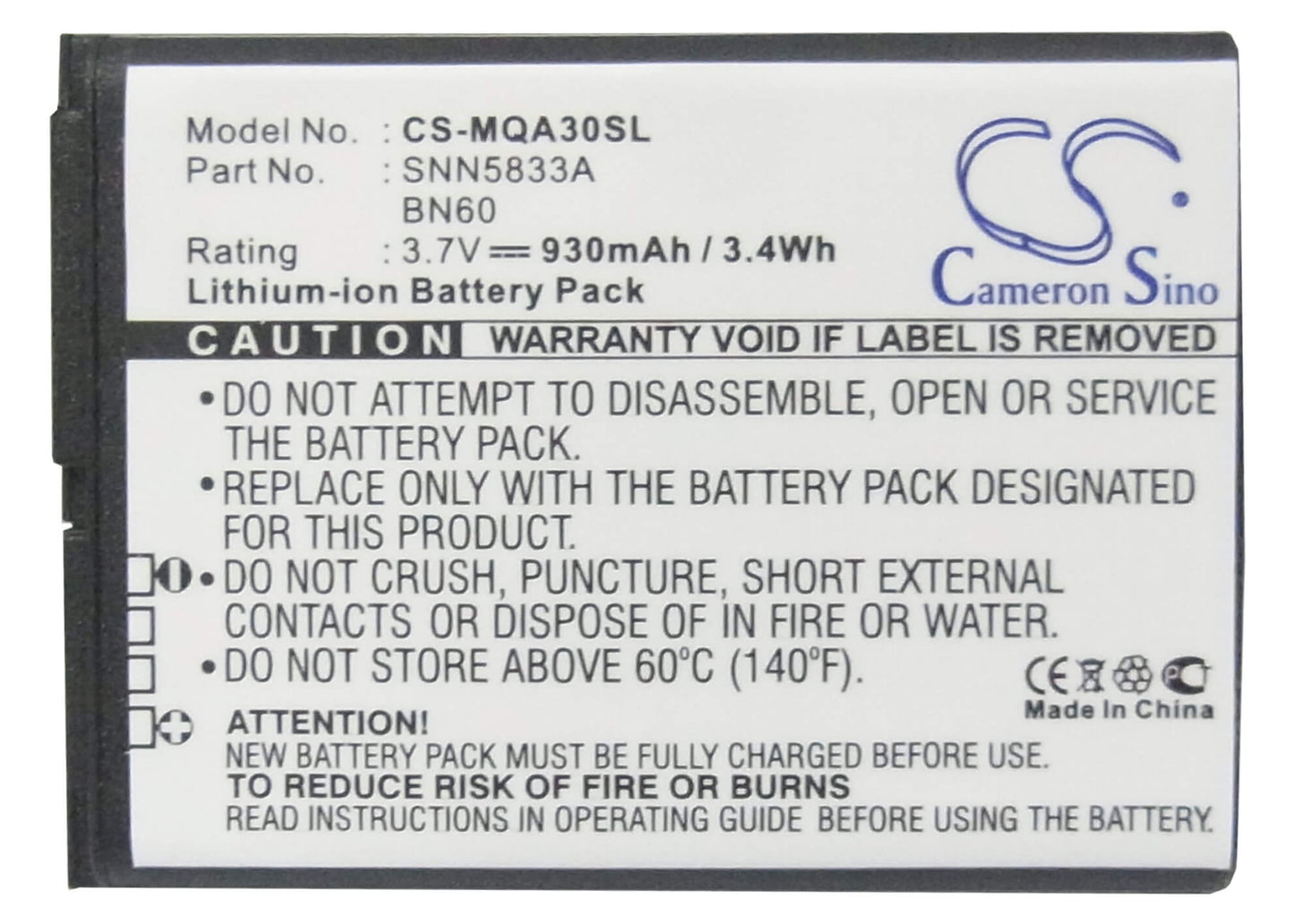 3.7V, 930mAh, Li-ion Battery fits Motorola, Eco A45, Hint Qa30, 3.441Wh
