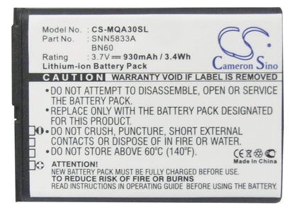 3.7V, 930mAh, Li-ion Battery fits Motorola, Eco A45, Hint Qa30, 3.441Wh
