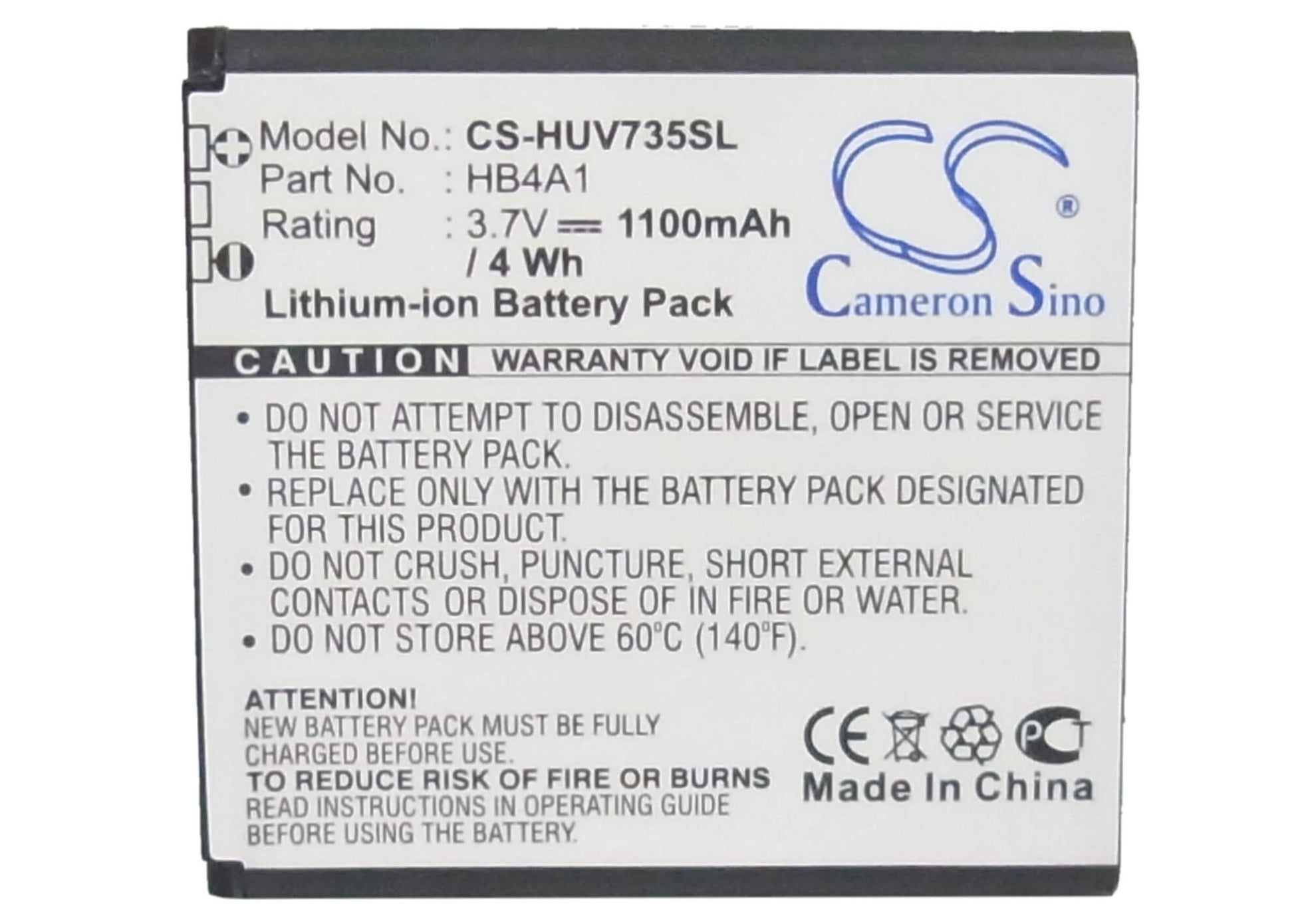 3.7V, 1100mAh, Li-ion Battery fits Huawei, U6100, V735, 4.07Wh
