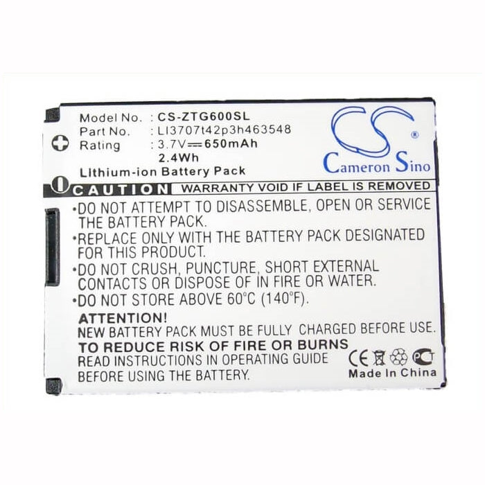 3.7V, 650mAh, Li-ion Battery fits Zte, G6, 2.405Wh