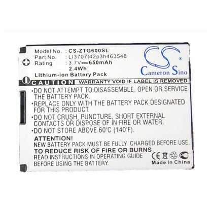 3.7V, 650mAh, Li-ion Battery fits Zte, G6, 2.405Wh
