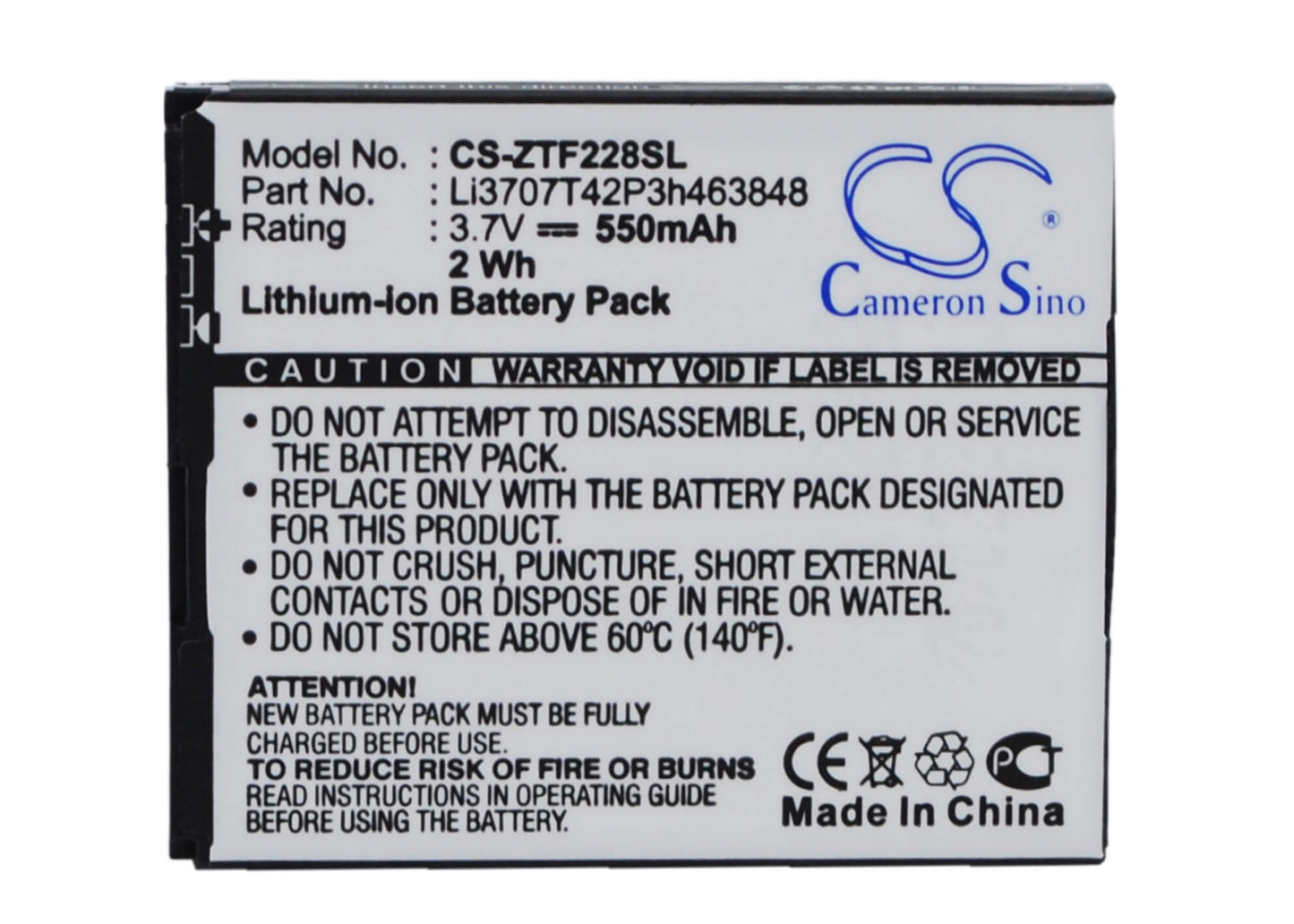 3.7V, 550mAh, Li-ion Battery fits Zte, A711, A933, 2.035Wh