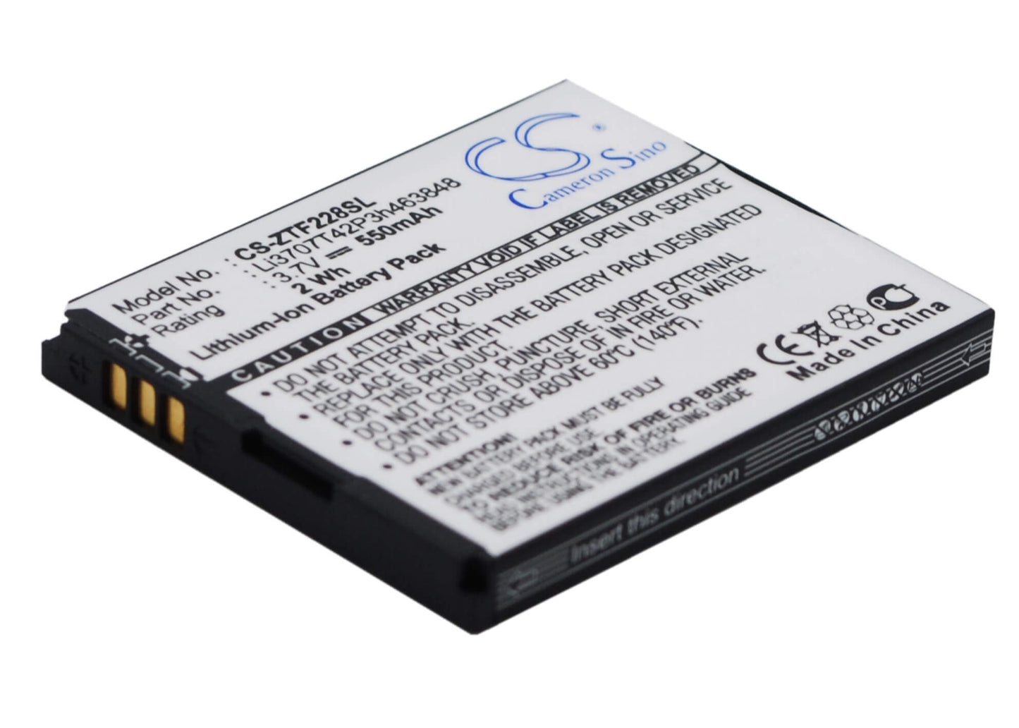 3.7V, 550mAh, Li-ion Battery fits Zte, A711, A933, 2.035Wh