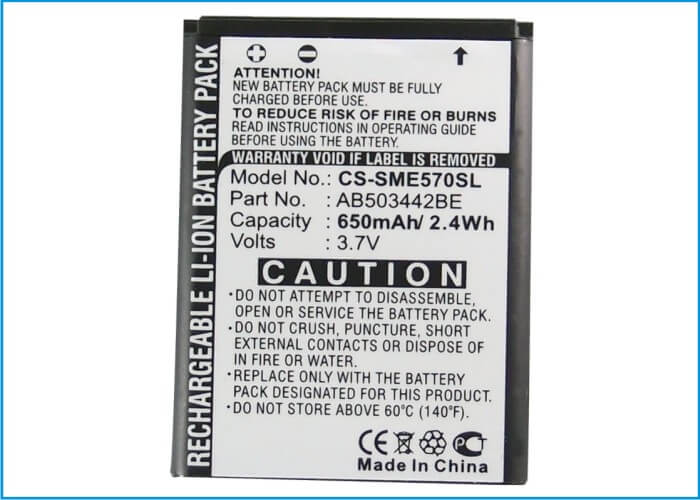 3.7V, 650mAh, Li-ion Battery fits Samsung, Sgh-b110, Sgh-e570, 2.405Wh