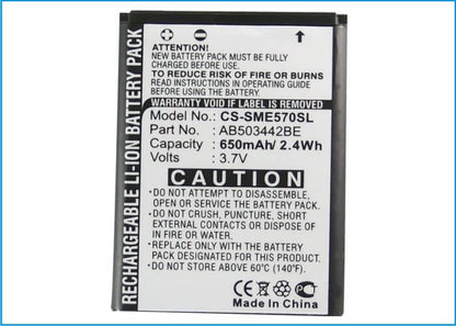 3.7V, 650mAh, Li-ion Battery fits Samsung, Sgh-b110, Sgh-e570, 2.405Wh