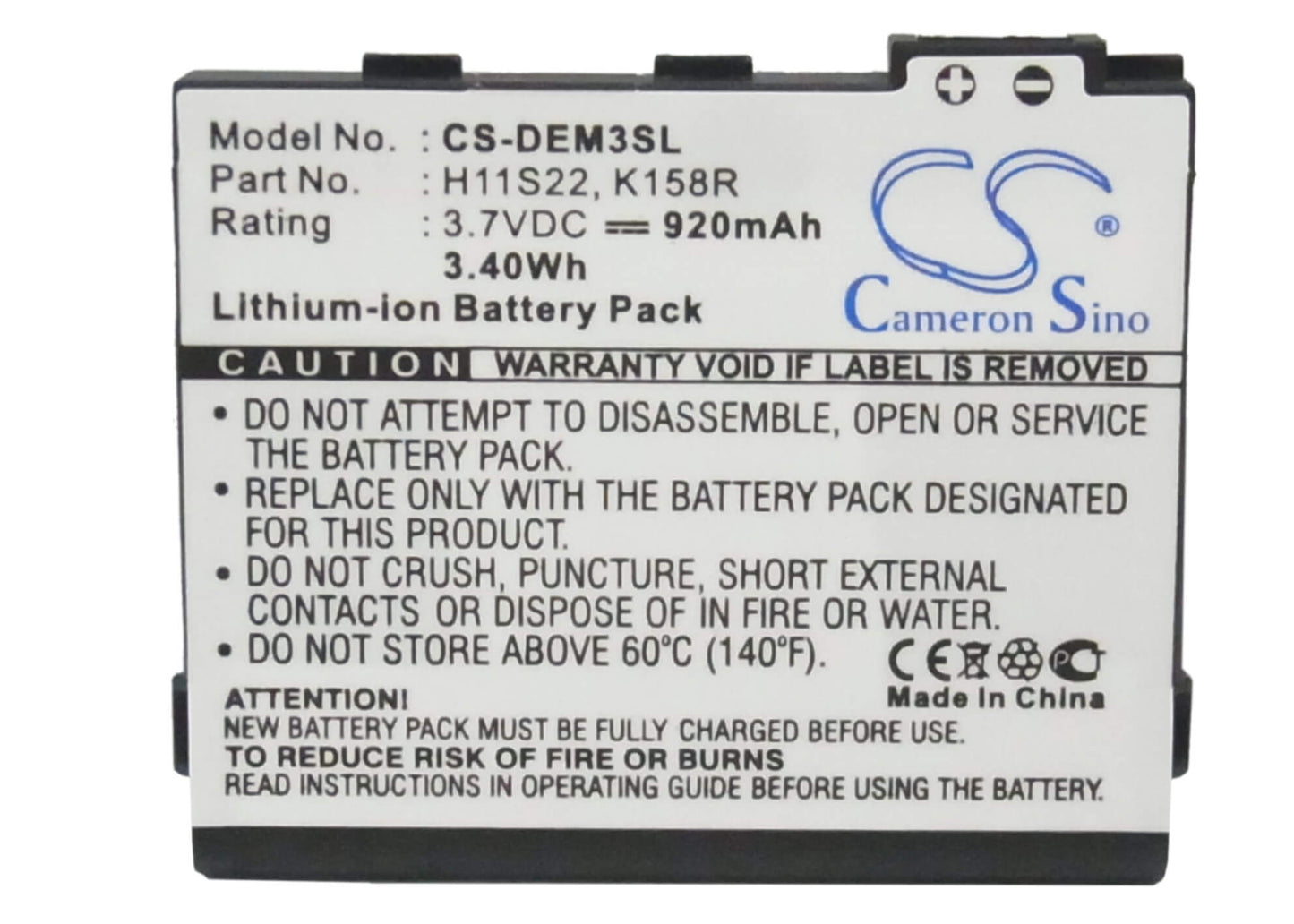 3.7V, 920mAh, Li-ion Battery fits Dell, Aero, Mini 3, 3.404Wh