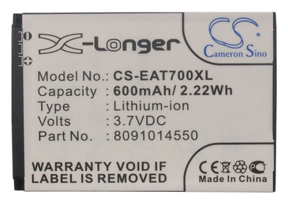 3.7V, 600mAh, Li-ion Battery fits Itt, Easy 7, 2.22Wh