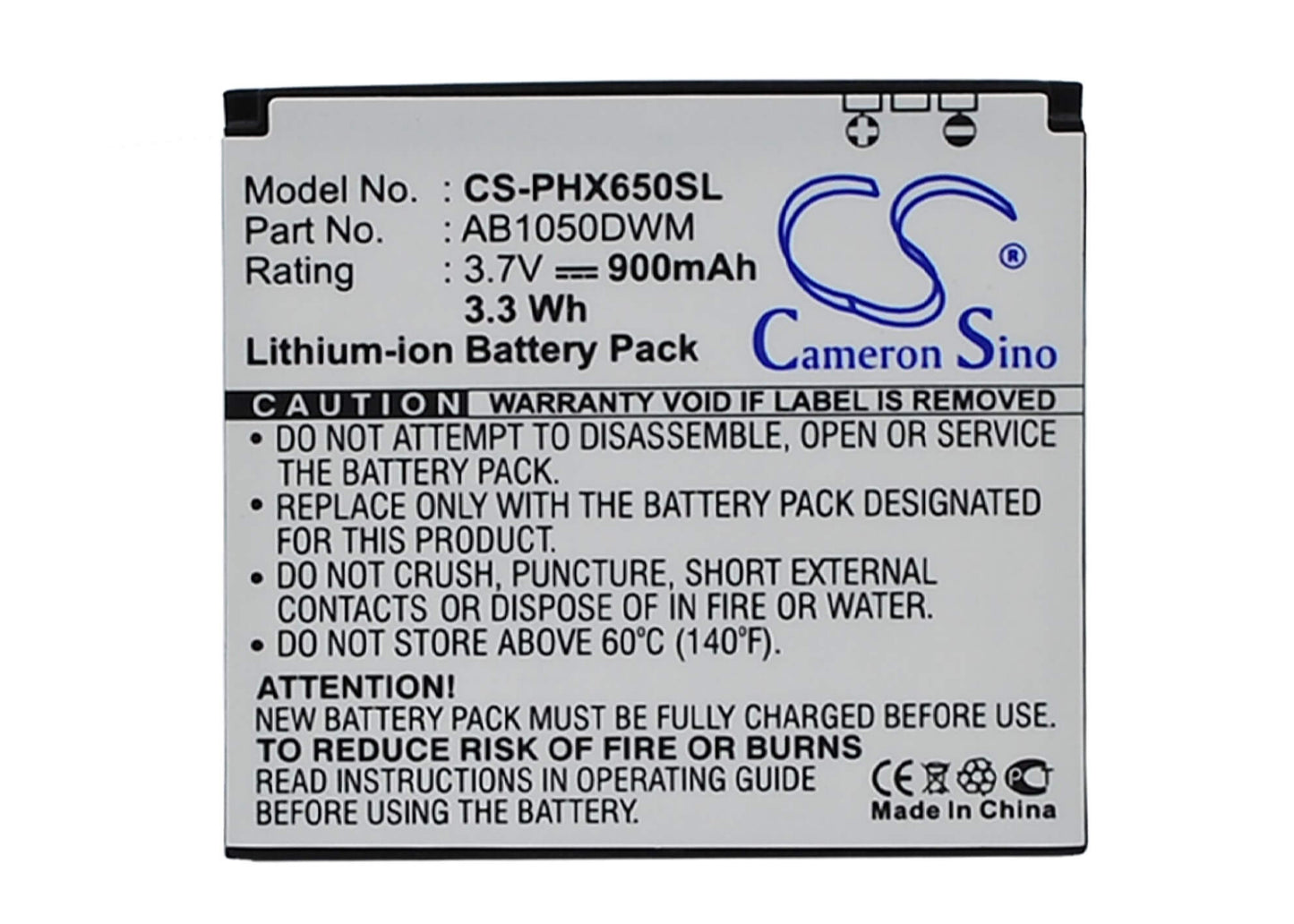 3.7V, 900mAh, Li-ion Battery fits Philips, Xenium X510, Xenium X605, 3.33Wh