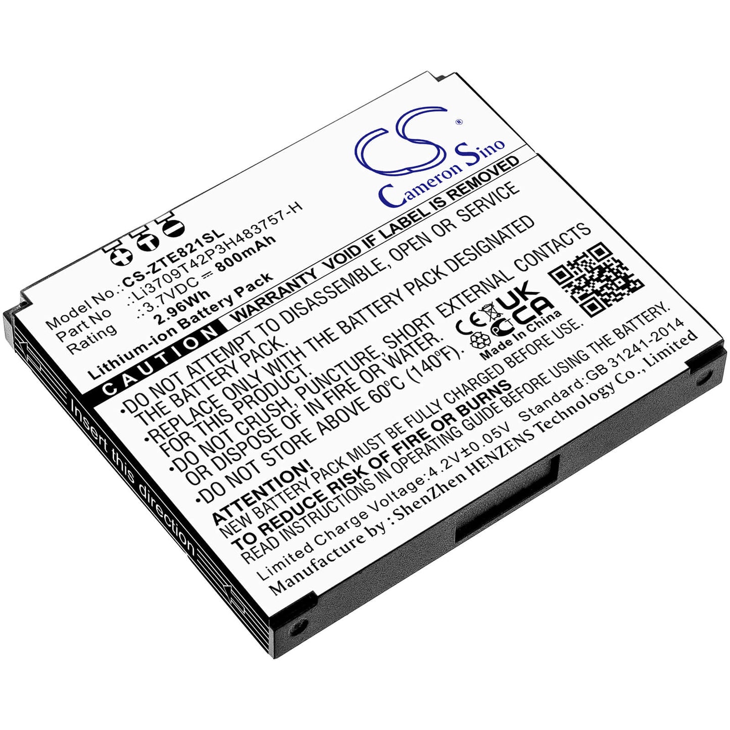 3.7V, 800mAh, Li-ion Battery fits Zte, E821, 2.96Wh
